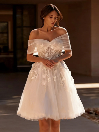 ショートウェディングドレス、デザインネックライン、ショートスリーブ、Aライン、ショートブライダルガウン