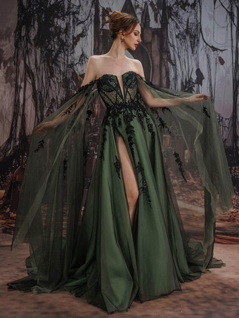 ダークグリーンゴシックブラックウェディングドレス、レースAライン、ロングスリーブ、ナチュラルウエスト、ティアードトレーン付きブライダルドレス