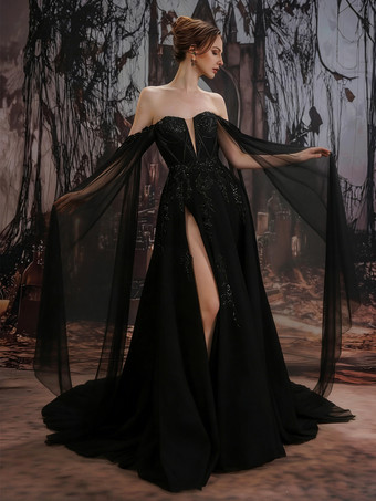 ゴシックブラックウェディングドレス、レースAライン、ロングスリーブ、ナチュラルウエスト、ティアードトレーン付きブライダルドレス