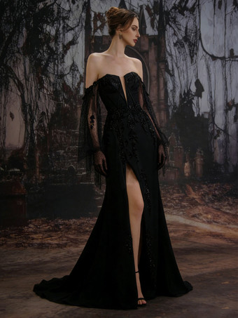 ブラックブラックウェディングドレス サテン生地 マーメイドライン ロングスリーブ ナチュラルウエスト スパンコール トレーン付き ブライダルガウン