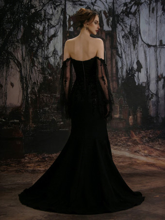 ブラックウェディングドレス サテン生地 マーメイドライン ロングスリーブ ナチュラルウエスト スパンコール トレーン付き ブライダルガウン