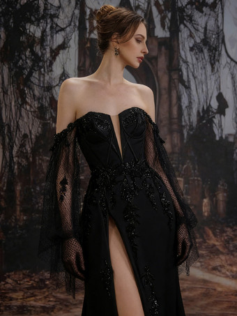 ブラックウェディングドレス サテン生地 マーメイドライン ロングスリーブ ナチュラルウエスト スパンコール トレーン付き ブライダルガウン