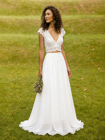 ツーピースウェディングドレス レース レース Vネック ツーピース トレーン付きウェディングドレス 機能的なボタン 半袖 ロング アイボリー