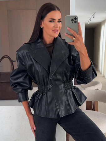 シックなブラックフェイクレザーペプラムジャケット（伸縮性ウエスト、レディース向け）ブレザー 2026