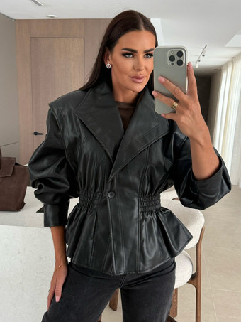 ブラック シックなブラックフェイクレザーペプラムジャケット（伸縮性ウエスト、レディース向け）ブレザー 2026