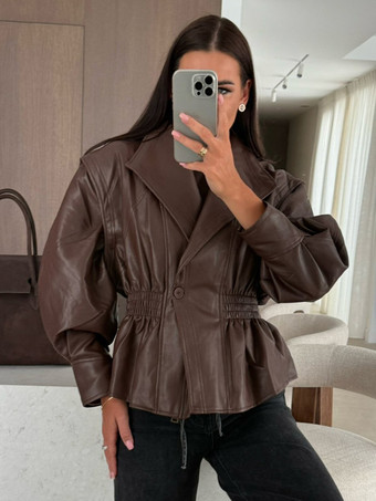 シックなブラックフェイクレザーペプラムジャケット（伸縮性ウエスト、レディース向け）ブレザー 2026