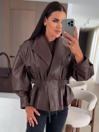 シックなブラックフェイクレザーペプラムジャケット（伸縮性ウエスト、レディース向け）ブレザー 2026