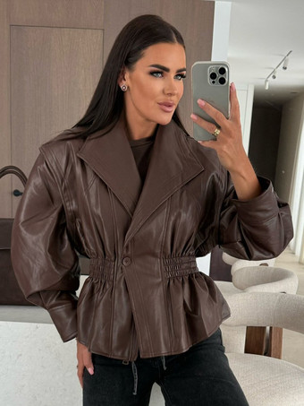ブラウンシックなブラックフェイクレザーペプラムジャケット（伸縮性ウエスト、レディース向け）ブレザー 2026