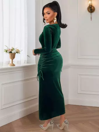 green emerald velvet dress Emerald Green One Shoulder Ruched Maxi Dress main image 0