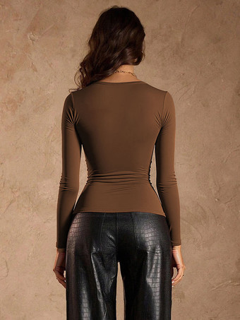 ブラウン スクエアネック ルーシュ ロングスリーブ スリムフィット トップス レディース 2026