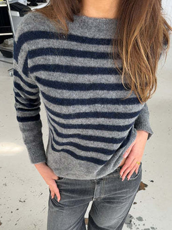 カジュアルストライプニットセーター ルーズフィット クルーネック プルオーバー レディース 2026