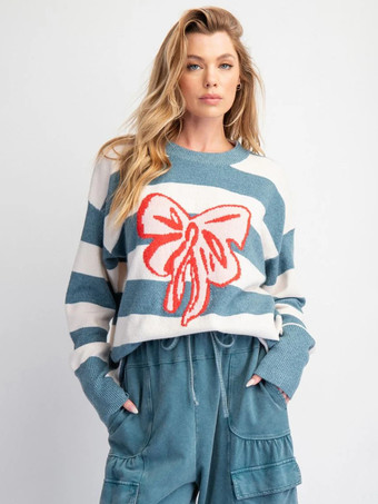 Azul celeste claroSuéter de punto extragrande con estampado de lazo a rayas para mujer 2026