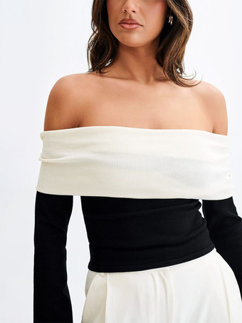 オフショルダー ツートンカラーブロック ニット 長袖トップス レディース 2026