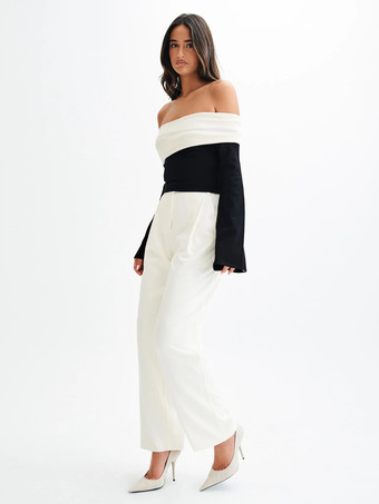 オフショルダー ツートンカラーブロック ニット 長袖トップス レディース 2026