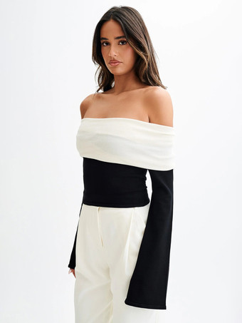 オフショルダー ツートンカラーブロック ニット 長袖トップス レディース 2026