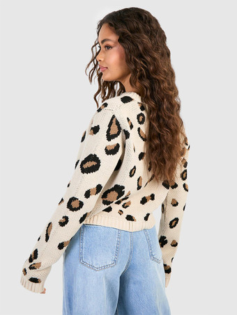 ヒョウ柄クロップカーディガン タイフロント 長袖ニットトップス レディース 2026