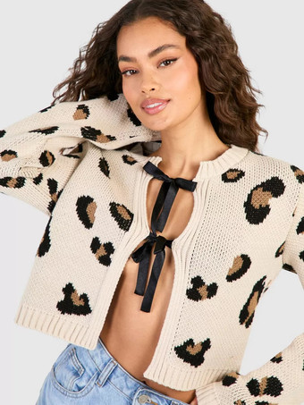 ヒョウ柄クロップカーディガン タイフロント 長袖ニットトップス レディース 2026