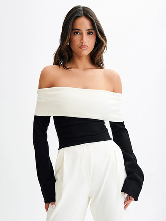 ブラック オフショルダー ツートンカラーブロック ニット 長袖トップス レディース 2026