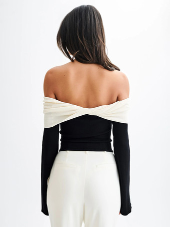 オフショルダー ツートンカラーブロック ニット 長袖トップス レディース 2026