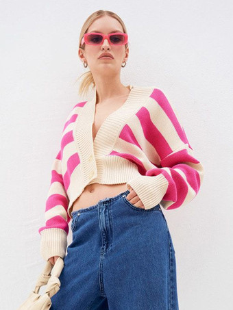 ストライプ柄Vネッククロップカーディガンニットボタンアップセーター（レディース）2026