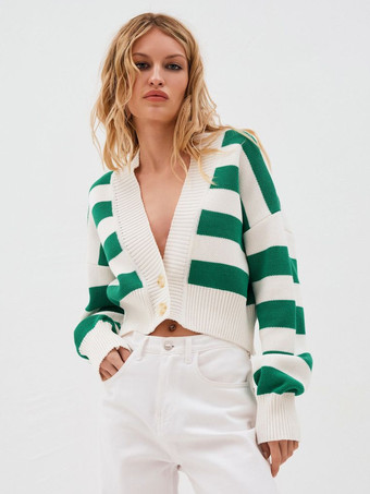 グリーン ストライプ柄Vネッククロップカーディガンニットボタンアップセーター（レディース）2026