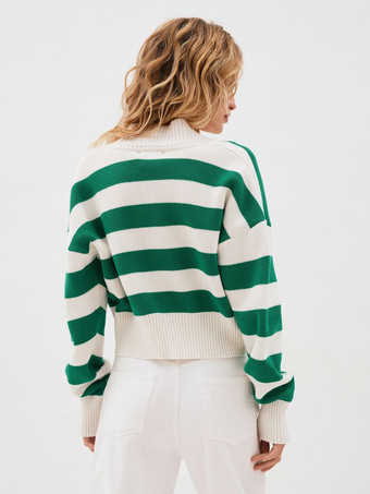 ストライプ柄Vネッククロップカーディガンニットボタンアップセーター（レディース）2026