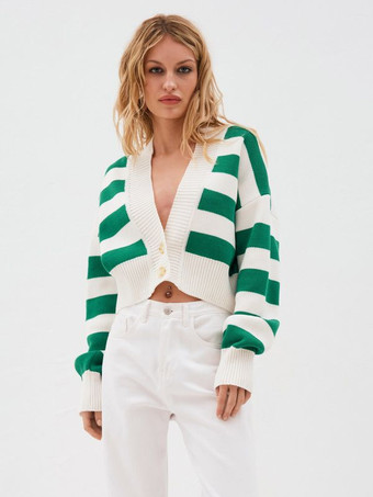 ストライプ柄Vネッククロップカーディガンニットボタンアップセーター（レディース）2026