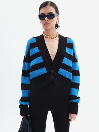 ブルー ストライプ柄Vネッククロップカーディガンニットボタンアップセーター（レディース）2026