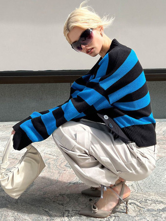 ストライプ柄Vネッククロップカーディガンニットボタンアップセーター（レディース）2026