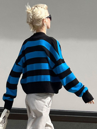 ストライプ柄Vネッククロップカーディガンニットボタンアップセーター（レディース）2026