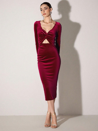 セクシーなバーゲンディ ベルベット カットアウト ミディドレス ロングスリーブ ボディコンドレス レディース 2026