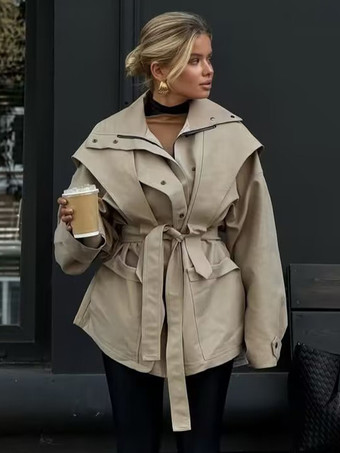 ベルト付きサファリジャケット カーキコート レディース 2026