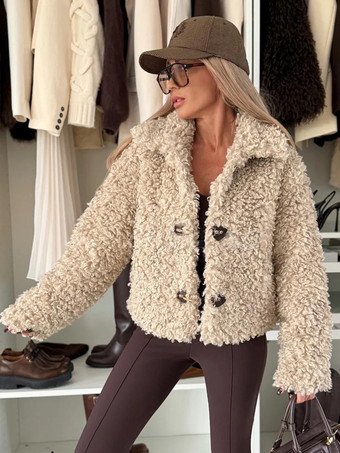 カーキ テディフリースジャケット カーリーフェイクファー ボタンアップコート レディース 2026