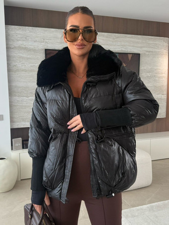 Black Cotton-padded Jacket Faux Fur Collar Warm Winter Coat For Women 2026