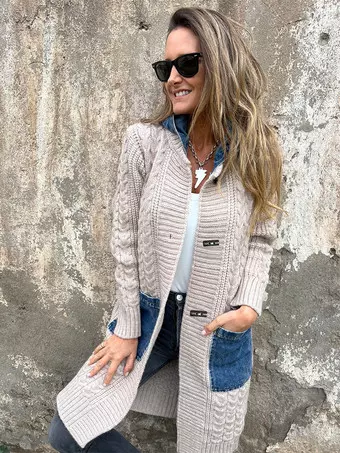 Women's Leopard Print Open Front Cardigan - Loose Long Sleeve Camouflage Trench Coat Style Top, Light Gray, Medium - View #4