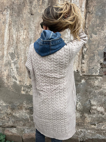 ロングニットカーディガン デニムパッチワークポケットボタンセーターコート レディース 2026