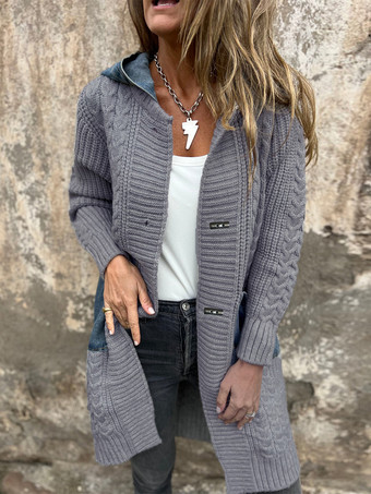 グレイロングニットカーディガン デニムパッチワークポケットボタンセーターコート レディース 2026