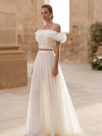 ツーピースウェディングドレス シフォンフラワー バトーネック ツーピース フロア丈 ジッパー ショートスリーブ フロア丈 ホワイト