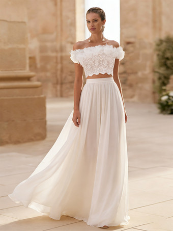 ツーピースウェディングドレス シフォンフラワー バトーネック ツーピース フロア丈 ジッパー ショートスリーブ フロア丈 ホワイト