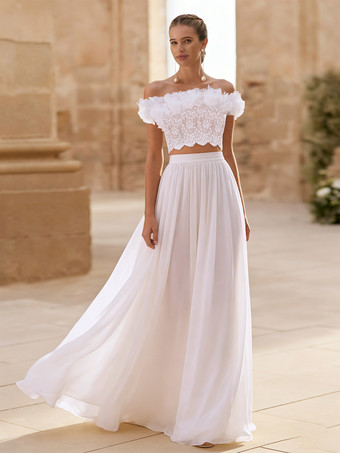 ホワイトツーピースウェディングドレス シフォンフラワー バトーネック ツーピース フロア丈 ジッパー ショートスリーブ フロア丈 ホワイト