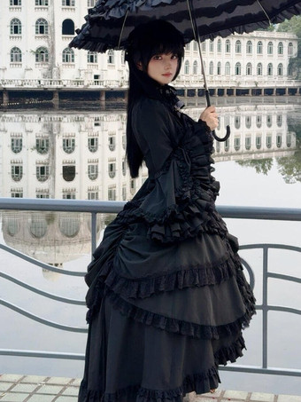 黒のゴシックロリータセットドレス、フリル、長袖、クラバットトップ、スカートのロリータドレス