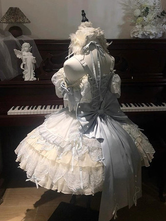 Vestido Hime Lolita azul cielo claro JSK con lazo encaje y volantes vestido dulce Lolita