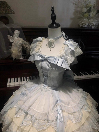 Vestido Hime Lolita azul cielo claro JSK con lazo encaje y volantes vestido dulce Lolita