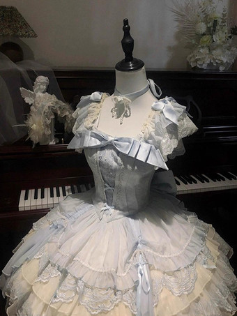 Vestido Hime Lolita azul cielo claro JSK con lazo encaje y volantes vestido dulce Lolita