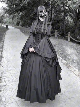 黒のゴシックロリータドレスファッション長袖ヴィンテージシックロングロリータドレス