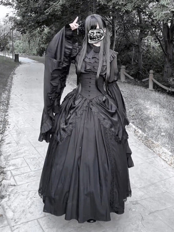 黒のゴシックロリータドレスファッション長袖ヴィンテージシックロングロリータドレス