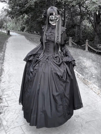 黒のゴシックロリータドレスファッション長袖ヴィンテージシックロングロリータドレス