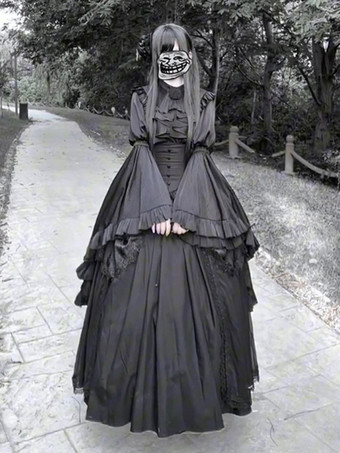 黒のゴシックロリータドレスファッション長袖ヴィンテージシックロングロリータドレス