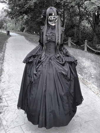 ブラック 黒のゴシックロリータドレスファッション長袖ヴィンテージシックロングロリータドレス