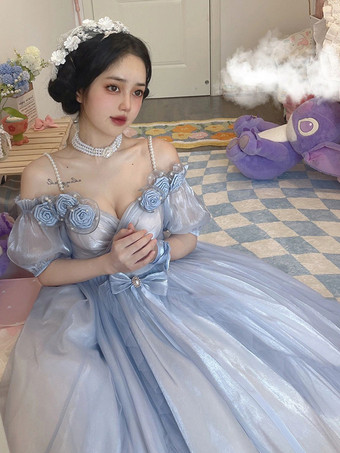 Vestidos de Lolita de hadas con rosas y flores en azul cielo claro vestido largo de Lolita con volantes y escote bajo